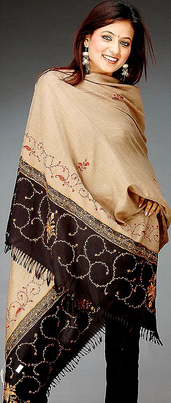 Camel and Black Shawl with Needle Embroidery