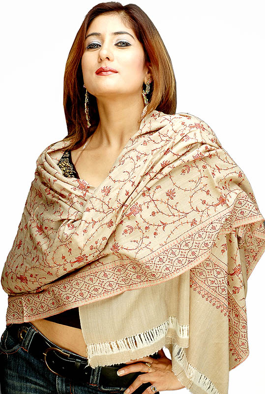 Camel Colored Kashmiri Stole with Jaal Embroidery