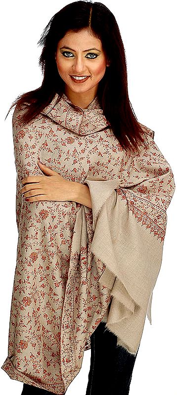 Camel Colored Pure Pashmina Shawl with All-Over Kashmiri Needle Embroidery