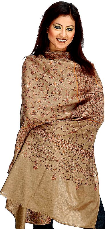 Camel Colored Shawl with Hand Needle Embroidery