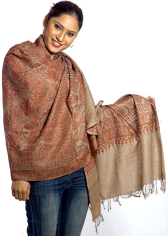 Camel-Colored Semi-Pashmina Shawl with Sozni Embroidery All-Over