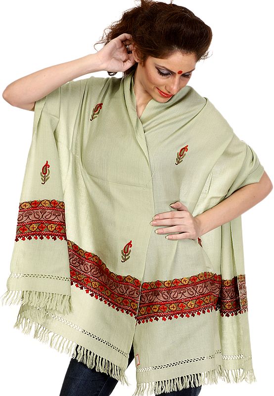 Cameo-Green Stole from Kashmir with Aari-Embroidered Paisleys by Hand on Border