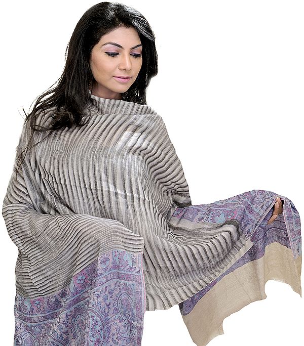 Cashmere Stole from Amritsar with Woven Paisleys on Border
