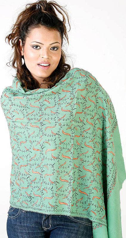 Celadon Green Tusha Stole Hand-Embroidered in Kashmir