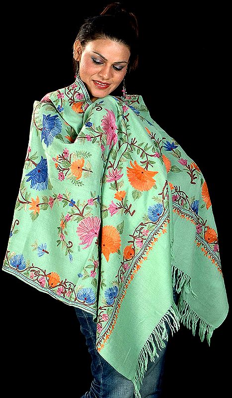 Celadon-Green Aari Stole from Kashmir with Embroidered Flowers