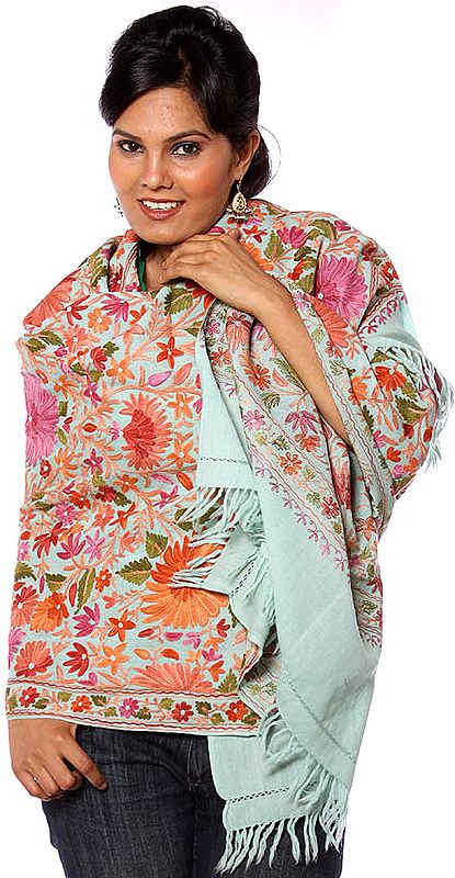 Celadon-Green Jamdani Stole from Kashmir with Embroidered Flowers All-Over