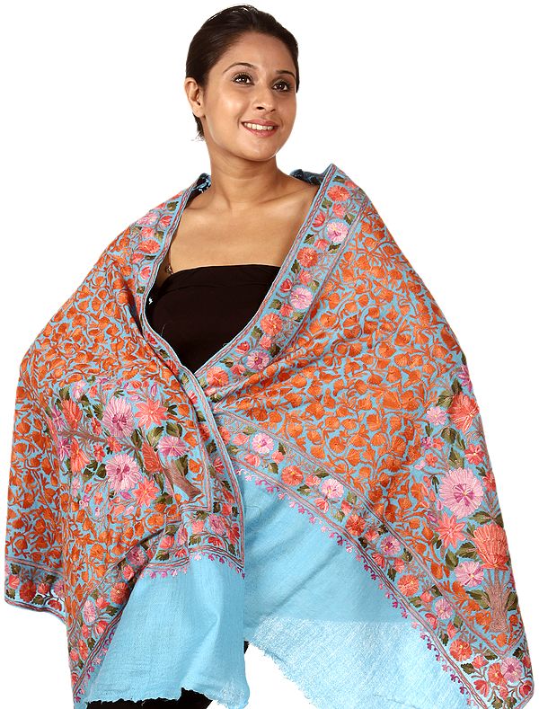 Cendre-Blue Stole from Kashmir with Densely Embroidered Flowers All-Over