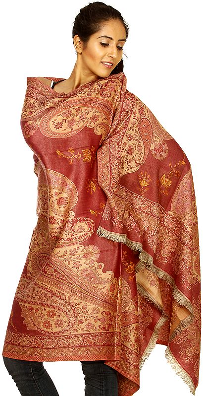 Cerise and Beige Jamawar Shawl with Sozni Embroidery and All-Over Woven Paisleys