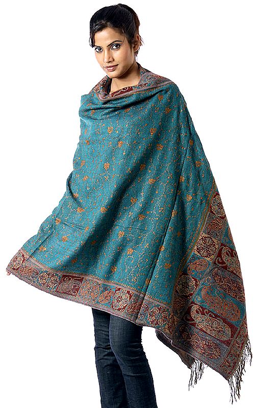 Cerulean Jamawar Shawl with All-Over Needle Embroidery