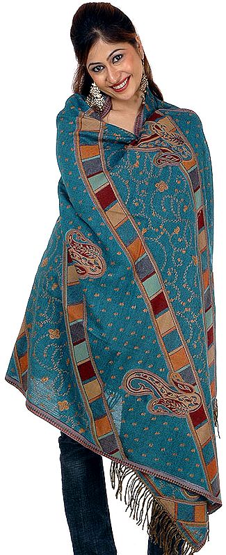 Cerulean Jamawar Shawl with Needle Stitch Embroidery and Multi-Color Weave