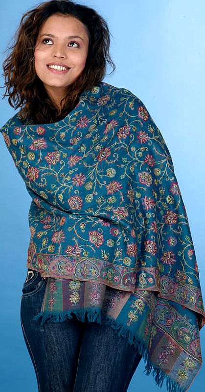 Cerulean Kani Stole with Floral Embroidery by Hand