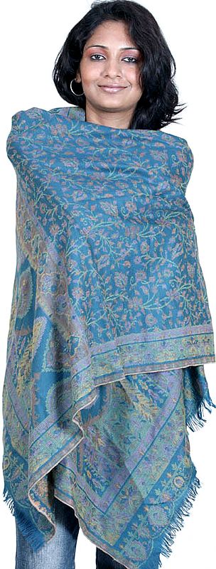 Cerulean Kani Stole with Floral Weave
