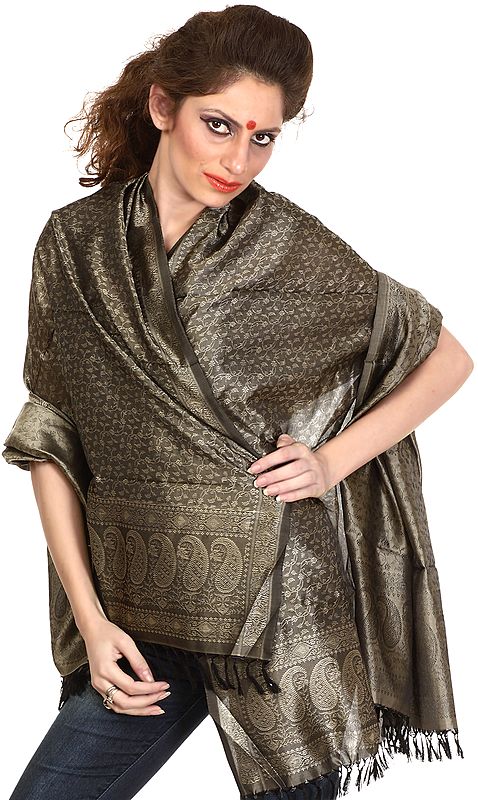 Charcoal-Gray  Banarasi Shawl with All-Over Tanchoi Weave