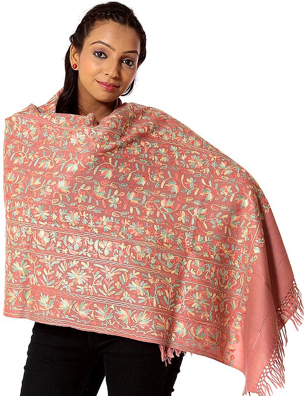 Chestnut Stole with Aari-Embroidered Flowers All-Over