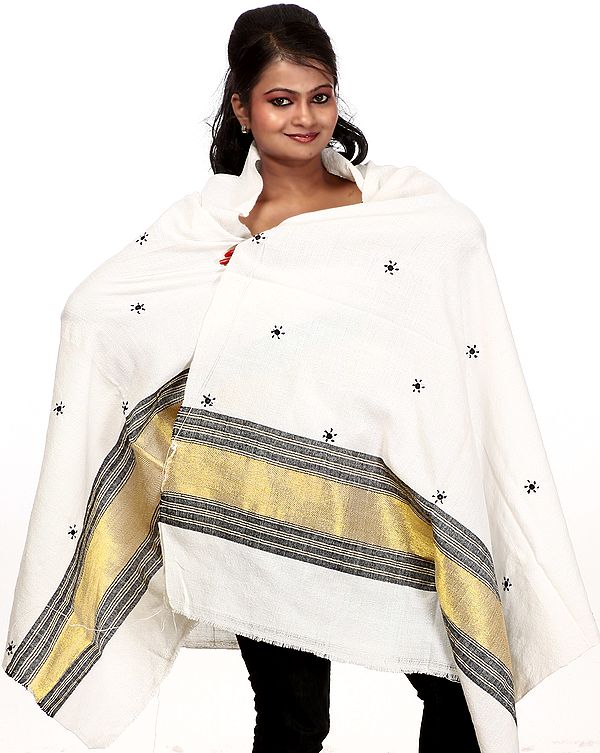 Chic-White Shawl from Kutch with Embroidered Bootis and Golden Woven Border