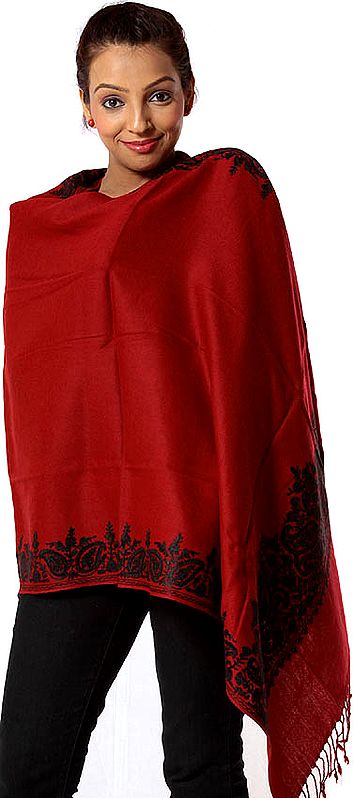 Chili-Red Stole with Embroidered Paisleys on Border in Black Thread