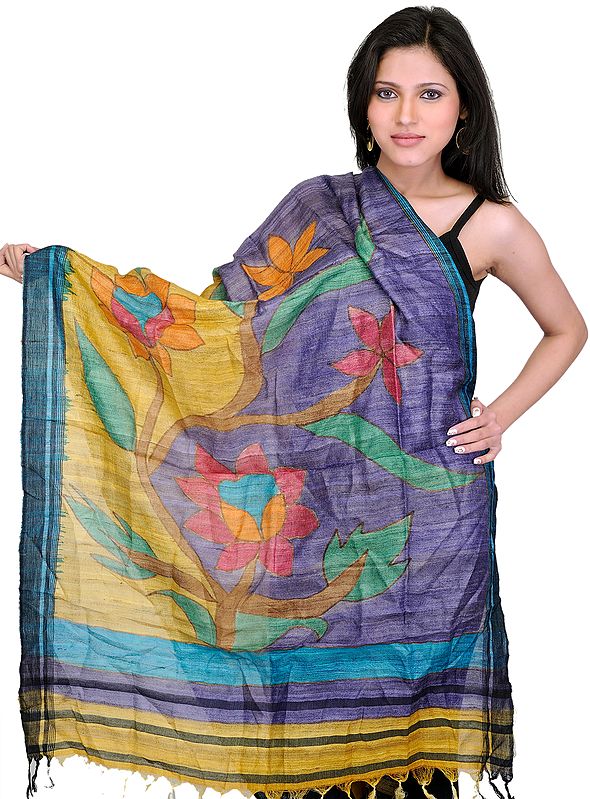 Chinese-Yellow and Twilight-Purple Dupatta with Printed Flowers