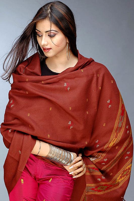 Chocolate Brown Shawl from Kullu with All-Over Bootis
