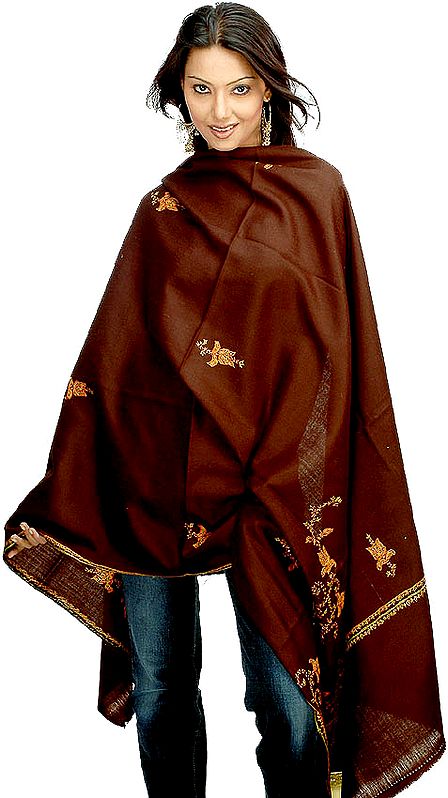 Chocolate-Brown Shawl with Needle Stitch Embroidery