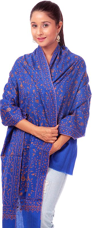 Classic-Blue Tusha Stole Hand-Embroidered All-Over in Kashmir