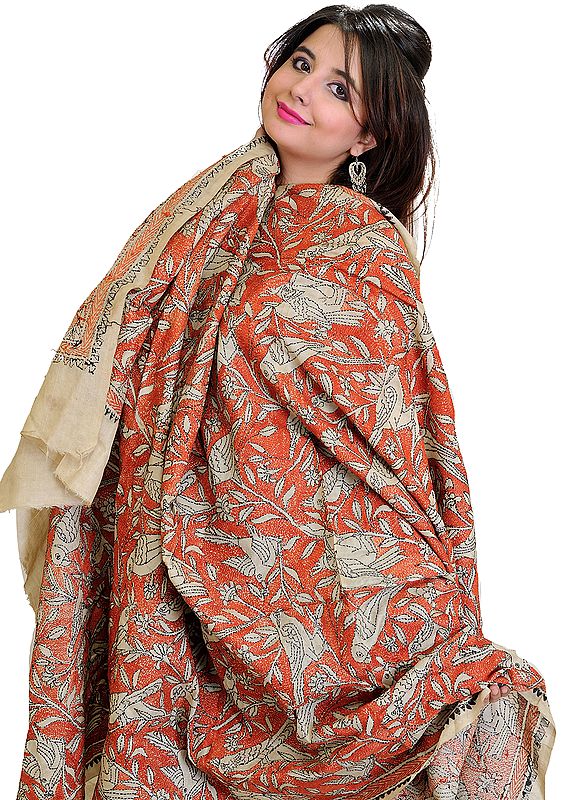 Cloud Cream Kantha Dupatta with Embroidered Birds and Flowers