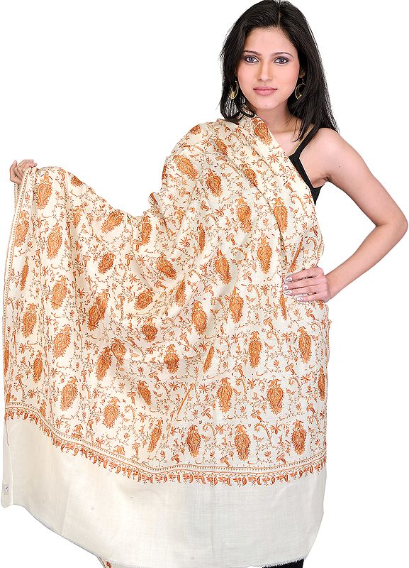 Cloud-Cream Tusha Shawl from Kashmir with Sozni Hand Embroidered Bootis All-Over