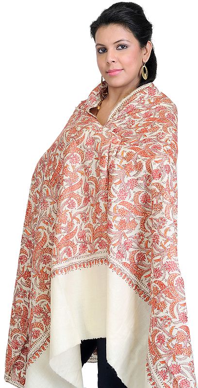 Cloud-Cream Tusha Shawl from Kashmir with Sozni Hand Embroidered Bootis All-Over