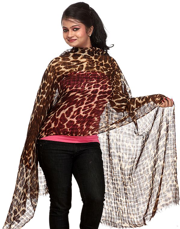 Coffee and Beige Leopard-Skin Printed Stole