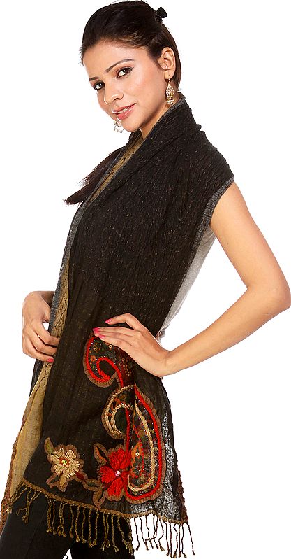 Coffee and Khaki Stole with Aari Embroidery and Sequins