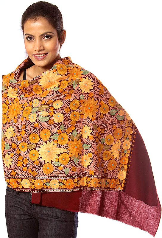 Coffee-Brown Aari Stole from Kashmir with Embroidered Flowers All-Over