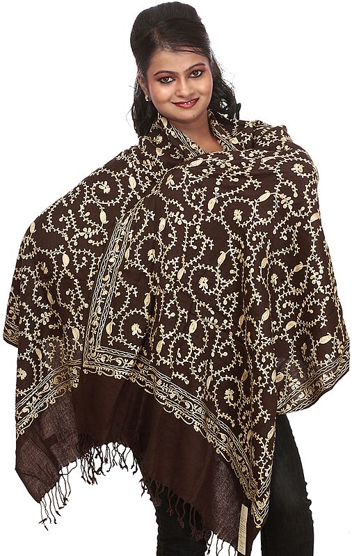 Coffee-Brown Stole with Embroidered Paisleys All-Over
