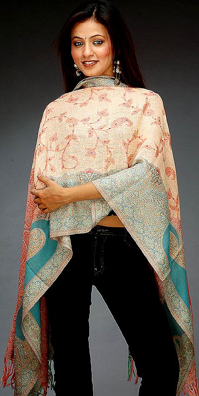 Coral and Turquoise Jamawar Stole with Sequins