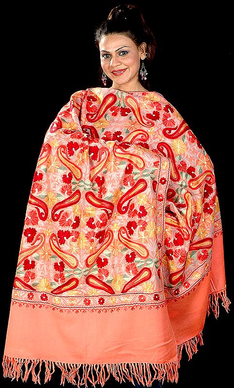 Coral Jamdani Stole from Kashmir with Heavy Crewel Embroidery