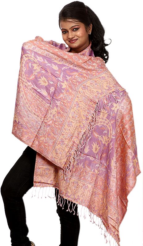 Coral-Almond Reversible Jamawar Stole with Woven Paisleys