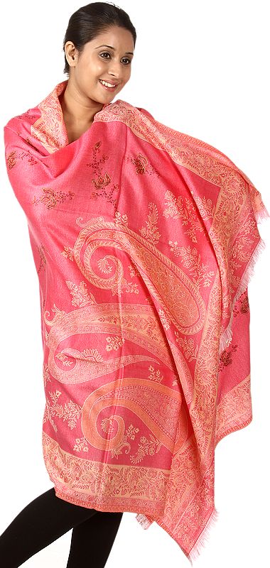 Coral-Pink Kashmiri Shawl with Sozni Embroidery by Hand and Woven Paisleys