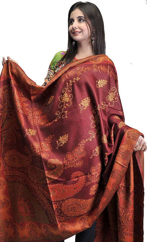 Cordovan Jamawar Shawl with All-Over Woven Paisleys in Multi-Colored Thread and Needle Stitched Flowers by Hand