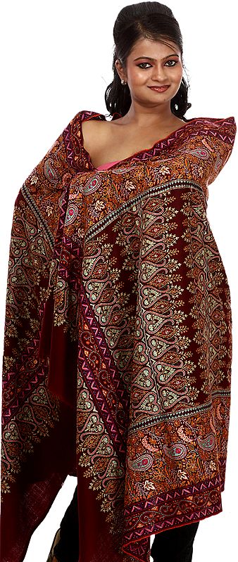 Cordovan Kashmiri Pure Pashmina Shawl With Embroidered Paisleys by Hand All-Over