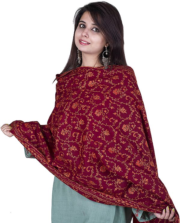 Brown Kashmiri Tusha Stole with All-Over Sozni Embroidery by Hand