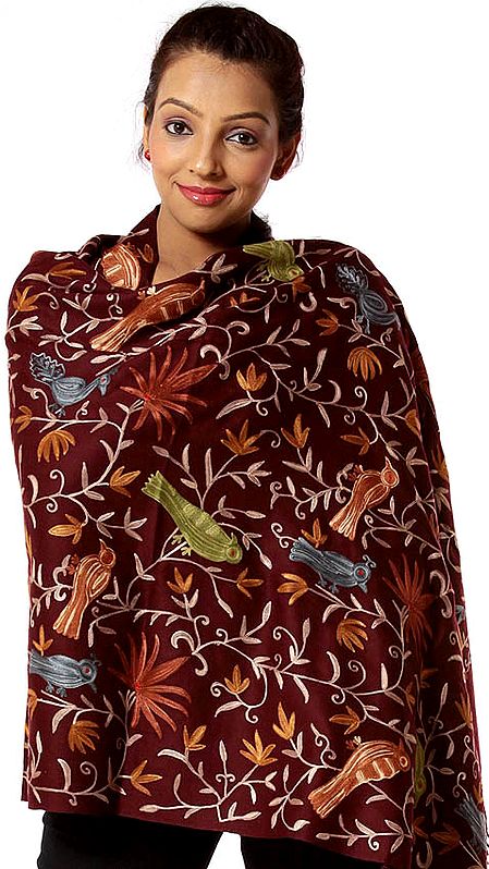Cordovan Stole with Aari Embroidered Birds
