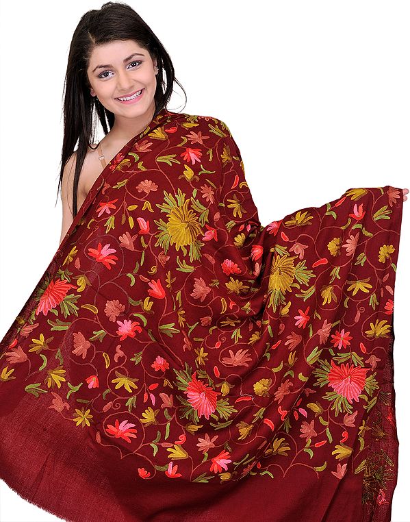 Cordovan-Red Kashmiri Shawl with Aari Embroidered Flowers by Hand