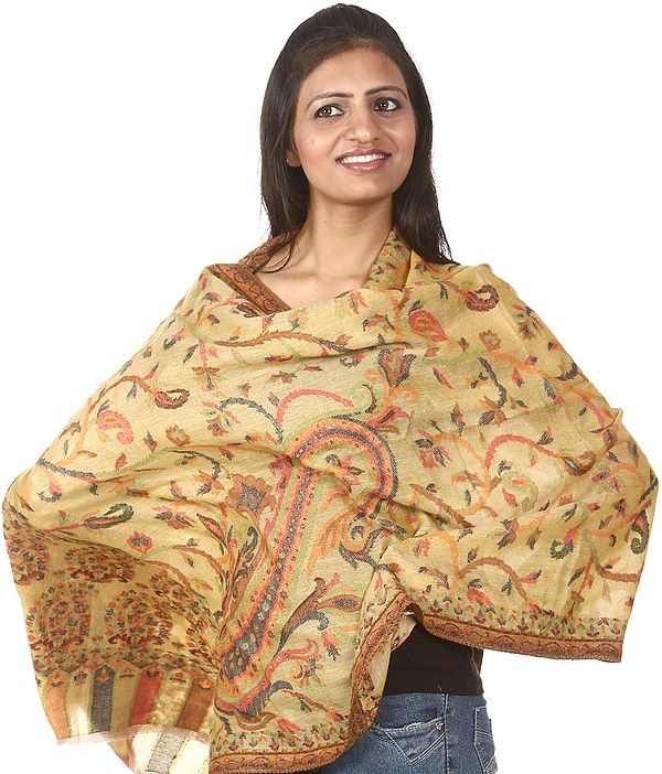 Corn Silk-Yellow Kani Pure Pashmina Stole with Woven Paisleys in Multi-Color Threads