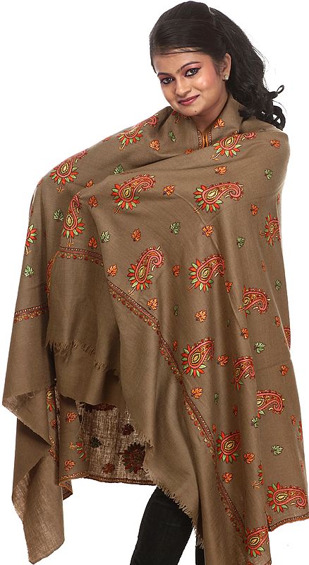 Covert-Gray Pure Pashmina Shawl from Kashmir with Hand-Embroidered Meenakari Paisleys