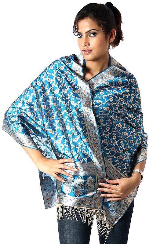 Turquoise Banarasi Stole Hand-Woven with All-Over Golden Thread Weave