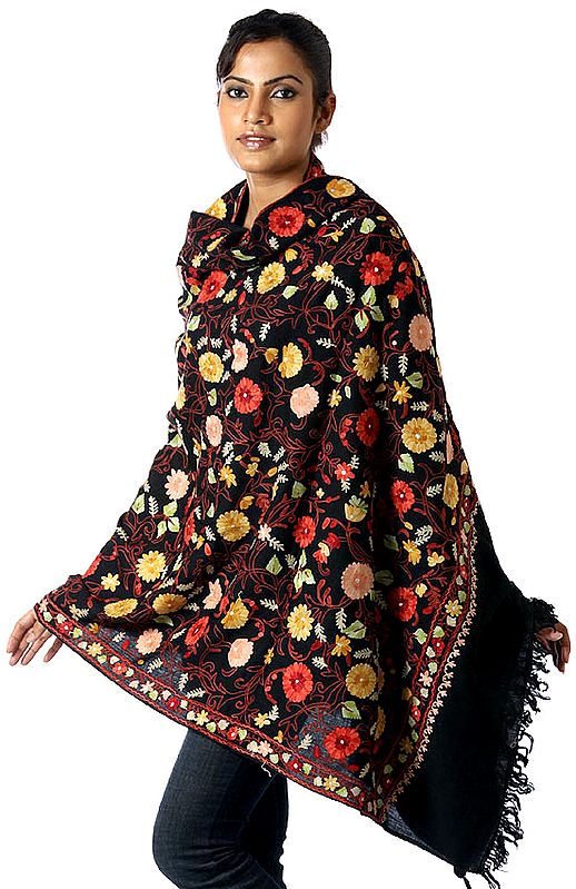 Black Kashmiri Shawl with Crewel Embroidery All-Over