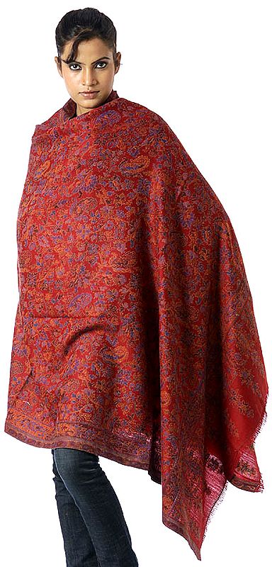 Red Kani Shawl with Multi-Color Woven Flowers