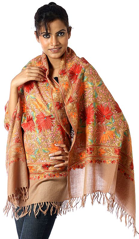 Khaki Jamdani Stole from Kashmir with Dense Multi-Color Embroidery