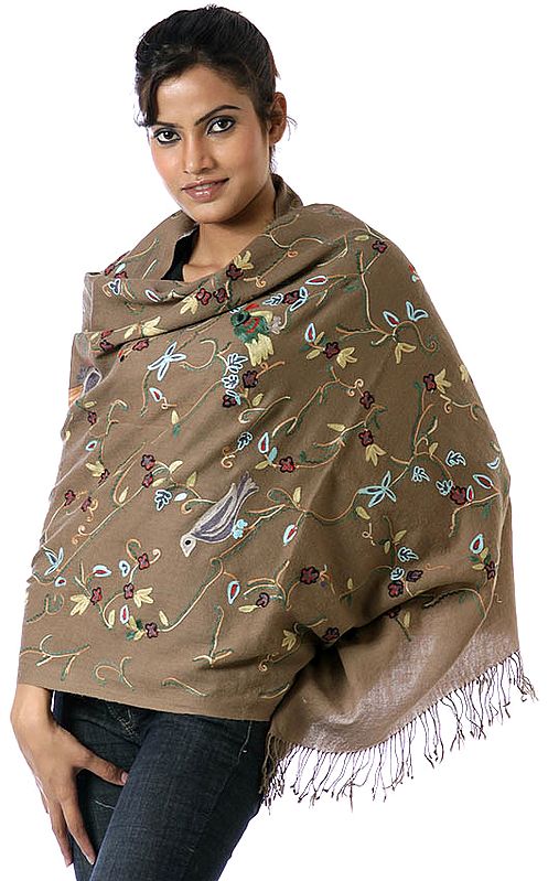 Dark Khaki Stole with Crewel Embroidered Flowers