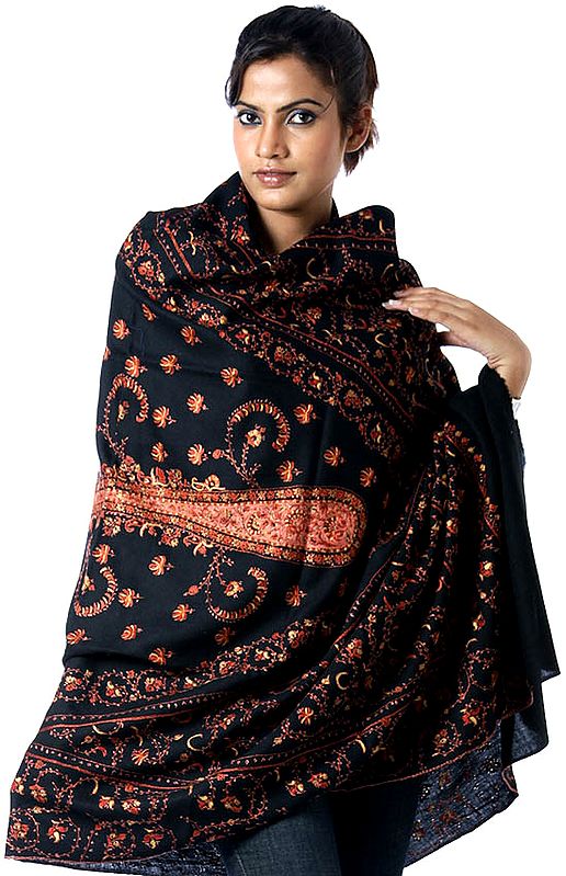 Black Tusha Shawl with All-Over Sozni Embroidery by Hand