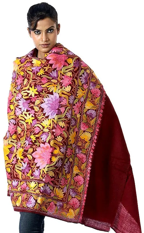 Maroon Kashmiri Shawl with Aari Embroidered Double Border
