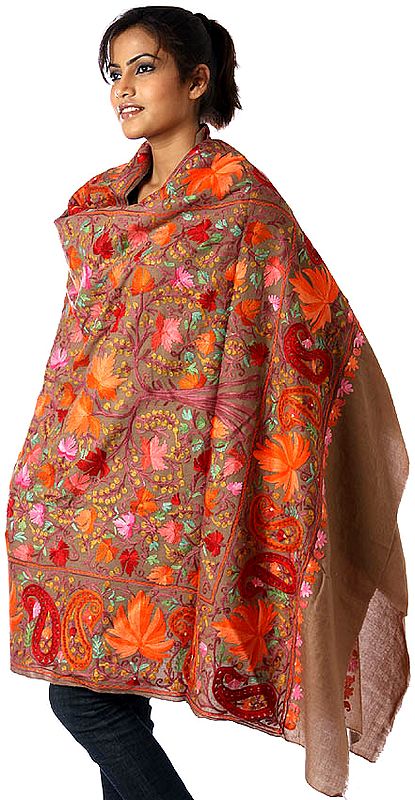 Khaki Kashmiri Shawl with Embroidered Chinar Leaves All-Over